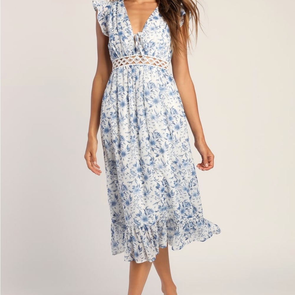 Lulus Make Things Shine White Floral Print Midi Dress-  size L
